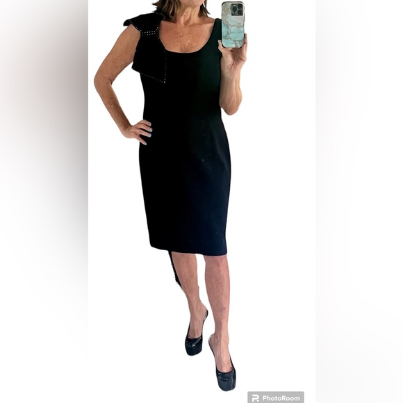 ELANA Black sleeveless knit dress with black shoulder bow with rhinestones. - Picture 2 of 6